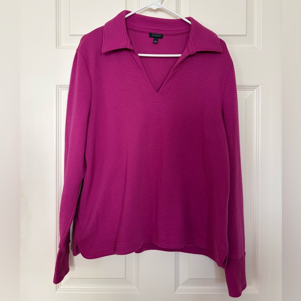 Talbots Fuchsia Ribbed V-Neck Knit Top